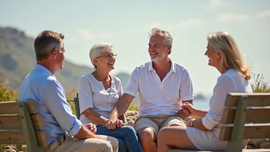 Group of mature adults in casual clothes sitting together outdoors, friendly conversation, Cascais setting with greenery