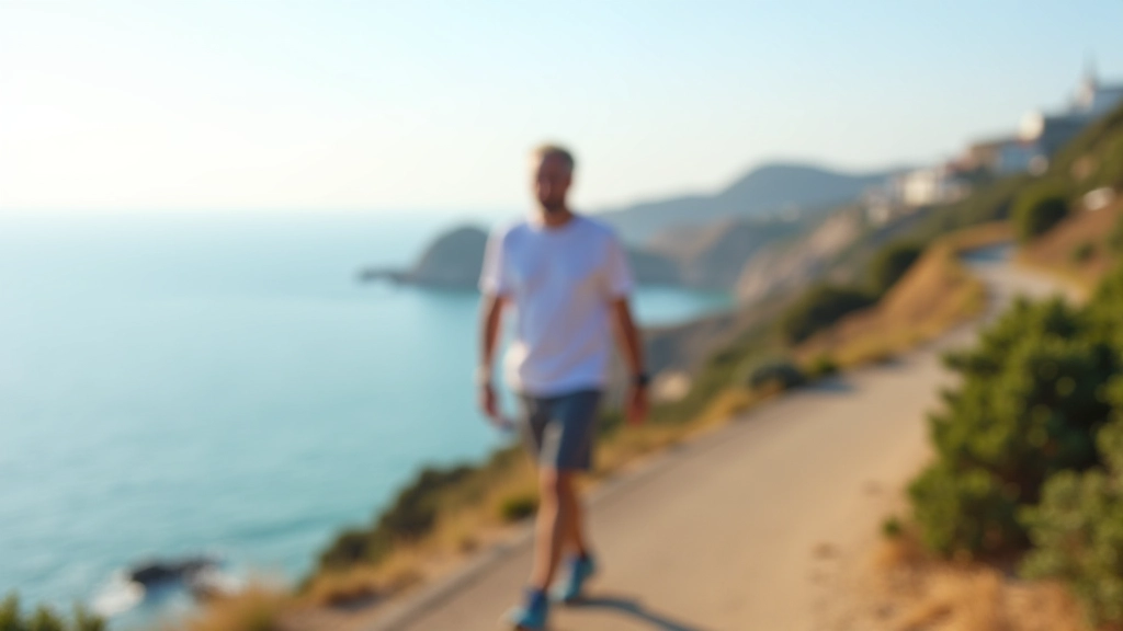 Older man walking on coastal path with cliffs and ocean visible, Cascais setting, warm afternoon light