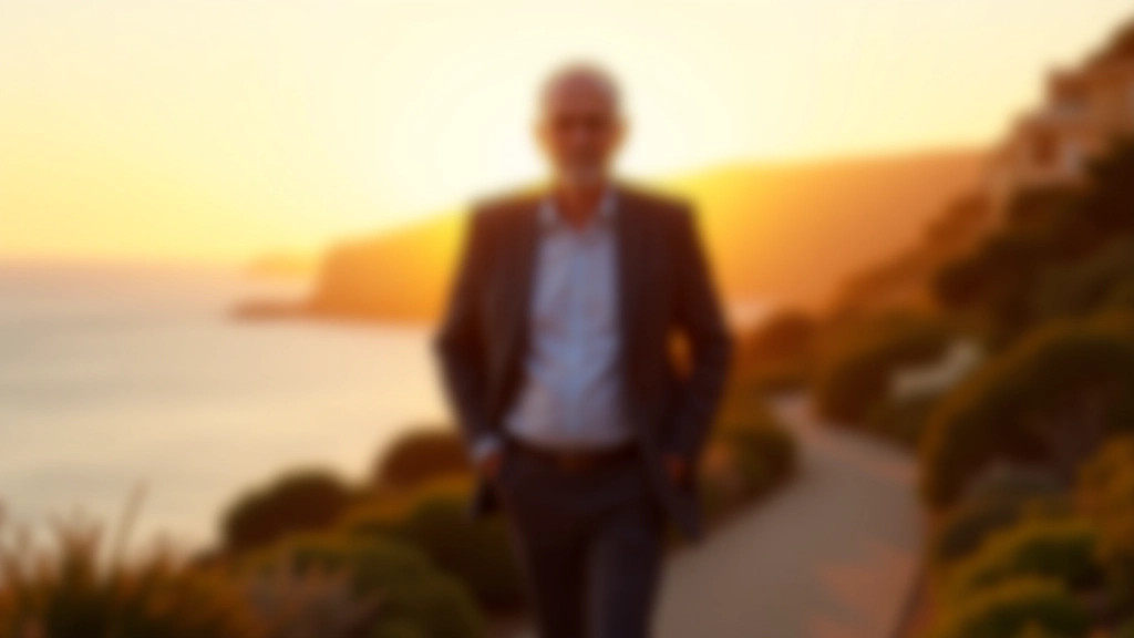 Man walking along a coastal path in Cascais, golden hour sunset light, ocean view in background, peaceful movement
