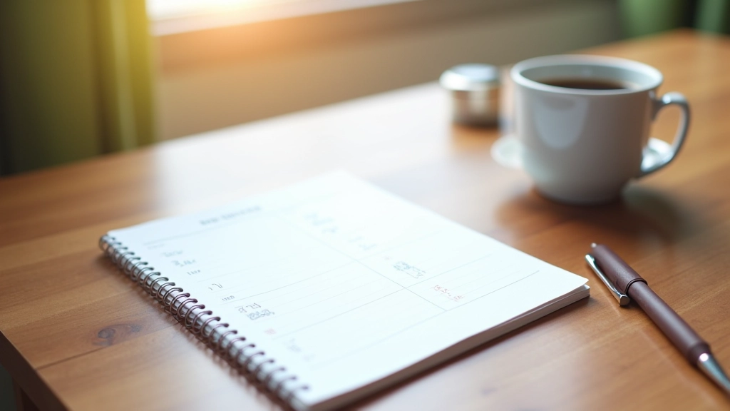 Detailed view of a weekly planner and pen on a desk, soft natural lighting, organized and calm workspace