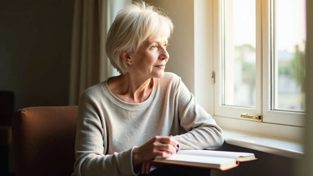 Woman in her sixties sitting thoughtfully by a window with morning light, journaling and reflecting on her career and future possibilities
