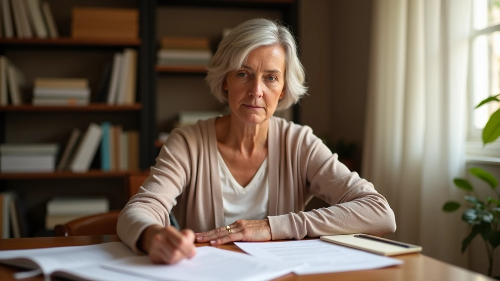 Professional woman in her late fifties reviewing a portfolio of past work achievements and projects in a bright home office