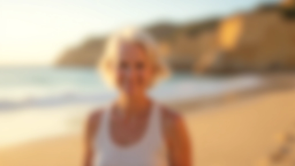 Woman doing stretching exercises on a beach with sea visible, relaxed posture, Cascais beach setting