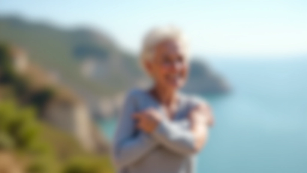 Woman in fitness clothes stretching outdoors with Cascais coastal landscape visible behind her