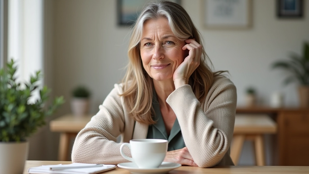 Person sitting at a wooden table with a morning coffee and journal, natural light from window, calm home environment
